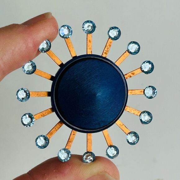 Upcycled Atomic Starburst Refrigerator Magnet Buttons Rhinestones Navy Baby Blue - Picture 3 of 5